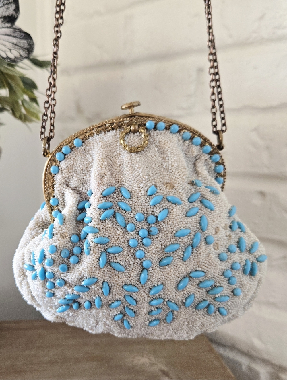 Vtg 1920s Art Deco Turqoise Bead Evening Purse, Flapper, Romantic, Chain